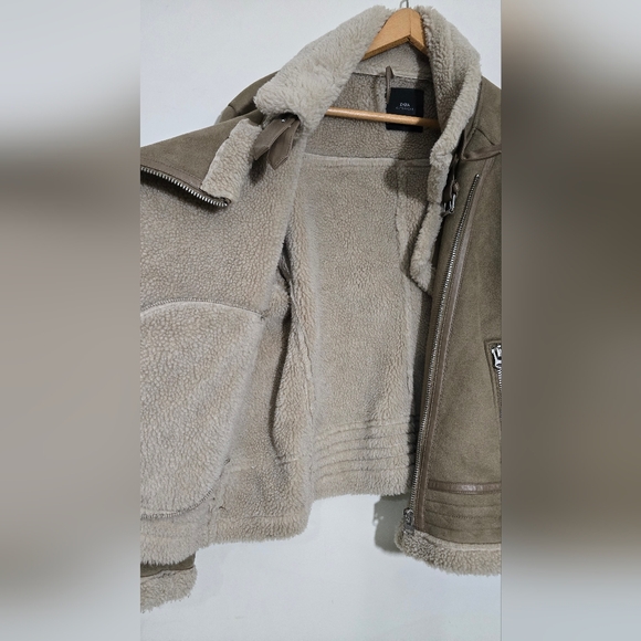 Zara Womens XXL Tan Shearling Bomber Jacket Brown - Picture 8 of 10